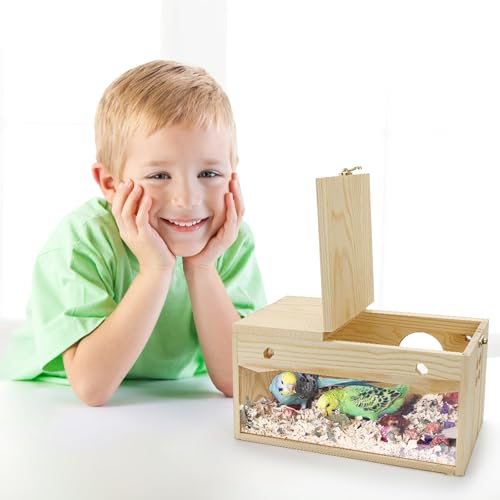 Image of Hiceeden Visual Parakeet Nesting Box, Premium Pine Bird Nest Box with Perch, Transparent Acrylic Bird Cage House Wooden Breeding Box for Budgie, Finch, Lovebirds, Cockatiel, Parrot, 9.8x4.9x5 Inches