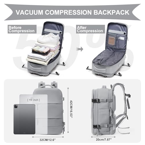 Image of coowoz Vacuum Backpack Travel with Pump,Travel Backpack with Vacuum System For Women Men,Carry On Backpack,Hiking Backpack Waterproof Outdoor Sports Rucksack Casual Daypack,25L(Built-in Pump),Grey