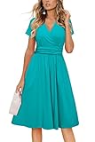 Picture of Newshows Green Dresses for Women 2025 Summer Spring Short Sleeve V-Neck Faux Wrap Casual Midi Sun Dresses with Pockets(Lake Green,Large)