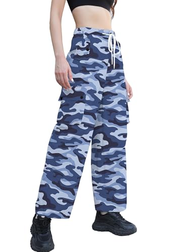 Image of Betusline Girls & Women's High Waist Wide Leg Cargo Pants Y2K Parachute Pants with Pockets and Drawstring 6 Years-Women 2XL
