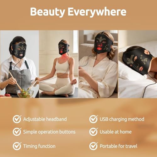 Image of Red Light Therapy for Face, LED Face Mask Light Therapy, 4 Light Modes with NIR, Red & Blue LED Light Therapy USB-C, Remote Control Portable LED Mask for Home & Travel (Black)
