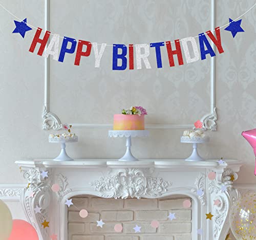 Image of 4th of July Happy Birthday Banner, Independence Day Birthday Party Decorations, Patriotic Independence Day Themed Birthday Decorations Blue Red White Glitter