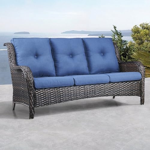 Modern Black Wicker 3-Seater Outdoor Sofa with Cushions