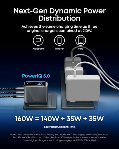Image of Anker Prime Charger,160W 3-Port Compact GaN USB C Charger Block,Smart Display and Touch Control,Up to 140W Single‑Port Charging,for MacBook Pro,Laptop,iPhone 17 Series(Cable Not Included,Non-Battery)