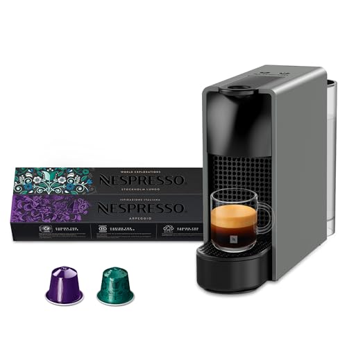Image of Nespresso Essenza Mini Coffee Machine (Grey) with 2 Coffee Sleeves| One-Touch Brewing | 40ml Espresso & 110ml Lungo |Compact Machine for Home | 2 Years Warranty | Authorized Distributor