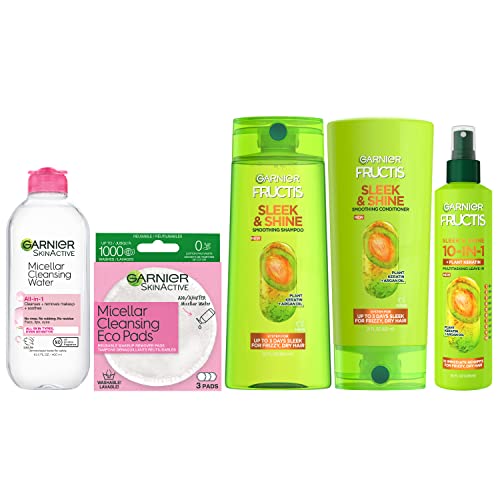 Image of Garnier Back to School Bundle| Micellar Water (400mL), EcoPads, Fructis Sleek & Shine Shampoo (22 Fl Oz), Conditioner (21 Fl Oz) + 10-in-1 (8.1 Fl Oz), 5-piece Set (Packaging May Vary)