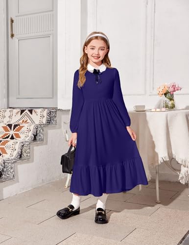 Image of Arshiner Girls Maxi Dresses Lantern Long Sleeve Casual Holiday Dress with Pockets for 5-14 Y