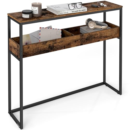 VASAGLE Konsolentisch, Beistelltisch, schmaler Flurtisch, 2 Ebenen mit halboffenen Fächern, 24 x 100 x 80 cm, für Flur, Wohnzimmer, vintagebraun-tintenschwarz LNT091K01