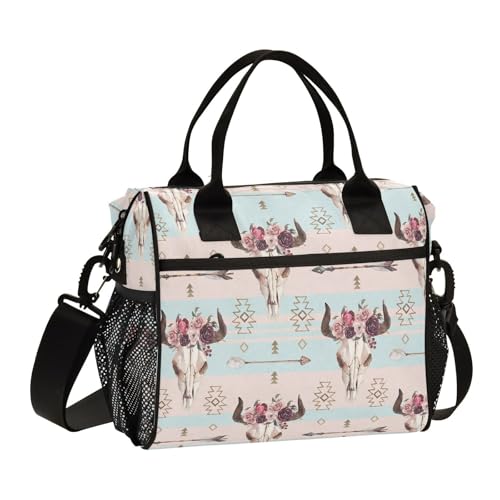Kjovgcb Print Bull Skull with Horns Flowers Native American Arrows Style Thermal Insulated Cooler Lunchbox Bag, Leakproof Nylon Lunch Meal Box Cotton Layer Holder Adjustable Strap M(11.8x11.4x6.2 in)