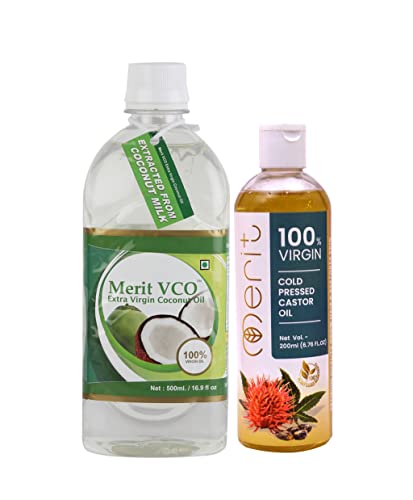 Image of Merit VCO Extra Virgin Coconut Oil 500 ML and Merit Plus Castor Oil 200 ML | Organic Cold Pressed Oils for Hair, Skin, and Cooking