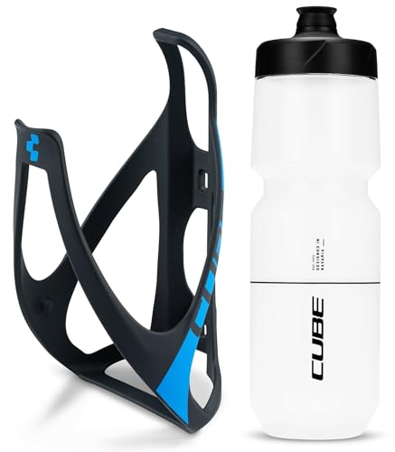 Cube HPP Cage - Matt Black/Blue & Flow Bottle - Clear, 750ml / Water Drink Flask Vessel Bidon Holder Mount Bracket Kit Lightweight Plastic Drinking Hydration Biking Bike Riding Frame Accessories