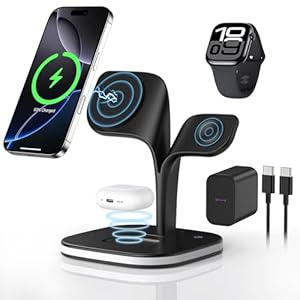 3 in 1 Wireless Charging Station for Apple Devices, MagSafe Wireless Charger Magnetic Charging for iPhone 17/Air/16/15/14/13/12 Series, AirPods Pro 4/3/2,Apple Watch Series/Ultra (with 20W PD Charger)