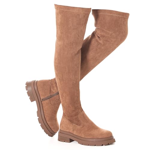 Mtzyoa Over The Knee Combat Boots for Women, Black Brown Suede Combat Platform, Side Zipper, Chunky Lug Sole, Round Toe, Thigh High, for Shopping Street Style