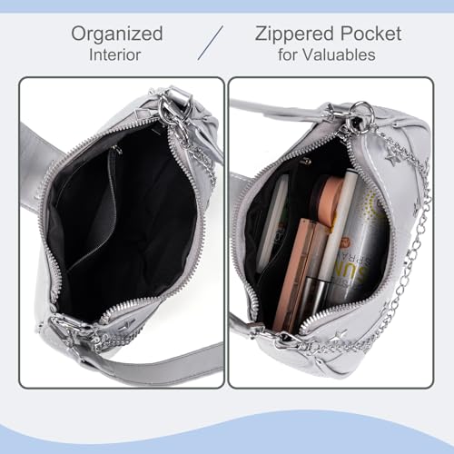 Image of Women's Y2k Silver Metallic Hobo Purse - Sparkly Evening Shoulder Bag for Party, Wedding, Going Out Handbag | Metallic Evening Bag