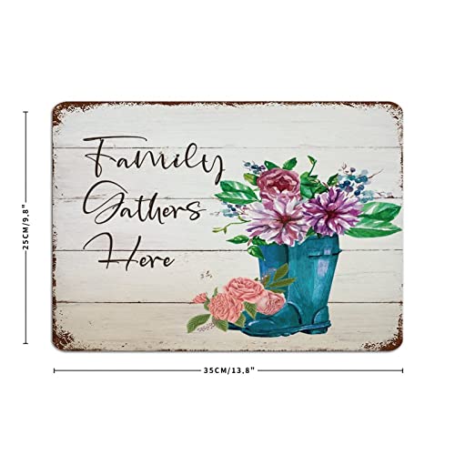 Family Gathers Here Watercolor Floral In Mason Jar Decorative Metal Tin Sign Funny Novelty House Signs Abstract Flower Painting Wall Decor Aluminum Metal Sign For Indoor Bedroom Front Door 10X14 #TOP1