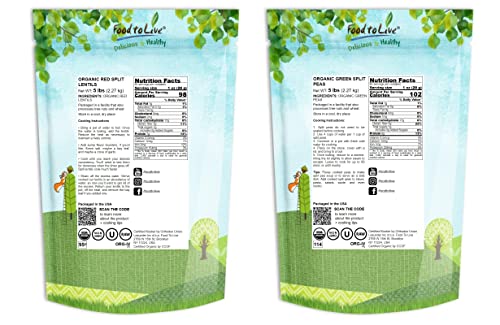 Organic Split Legumes Bundle - Organic Red Split Lentils, 5 Pounds And Organic Green Split Peas, 5 Pounds - Non-Gmo, Kosher, Raw, Vegan #TOP1