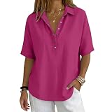Cotton Gauze Tops for Women Hot Pink XXL - Summer 2026 Gauze Shirts Button Down V Neck Half Sleeve Shirt Business Office Work Blouses Dressy Casual Vacation Clothes