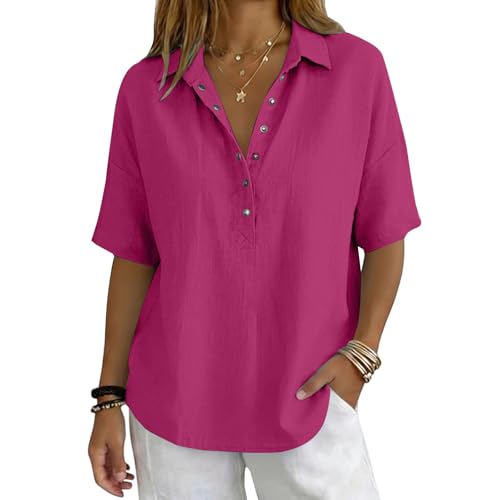 Linen Tops for Women Linen Clothes for Women Breathable Gauze Shirts Cotton Button Down Summer Elbow Length Blouses Dressy Casual Clothes Hot Pink