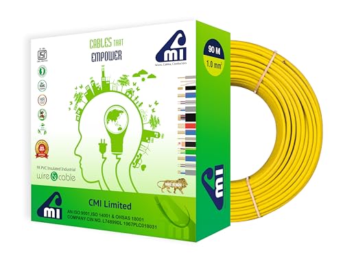 Image of CMI WIRES & CABLES Yellow, 1 Sq MM, 90 Meter | 10 Years Warranty | Single Core Copper Wire | Eco-Friendly & Flame Retardant PVC Insulated Cable for Safe Domestic & Industrial Electrical Wiring