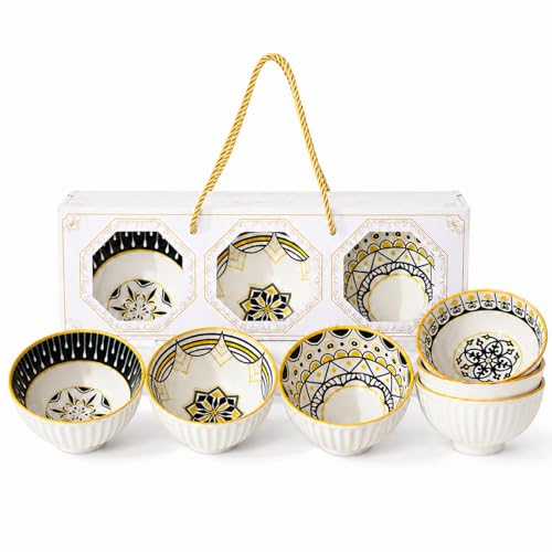 Image of YELONA Handcrafted Ceramic Dip Bowl Set of 6 with Gift Box | 300ml Japanese Style Snack, Sauce & Dessert Bowls | Microwave & Dishwasher Safe, Serving Ceramic Dinner Set for Gifting (Golden Eclipse)