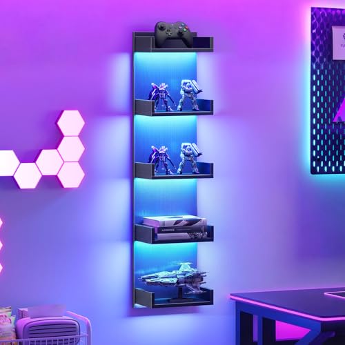 Image of HOOBRO Floating Wall Shelf with LED Lights, Floating Shelf Wall Mounted for Storage, Vertical Display Stand, Modern Column Rack, for Bedroom, Livingroom, 5-Tier, 45.7 Inches, Black, BK51DBJ01N1