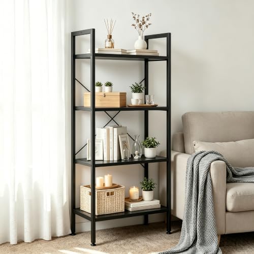 Image of HealSmart 4 Tier Bookshelf, Free Standing Book Shelf Home Office Bookcase Shelf Storage Organizer for Bedroom, Bathroom, Living Room, Office, Balcony, Black