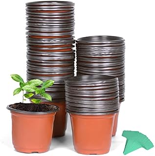 Cymax 100 Pack 10cm Plants Nursery Pots with Plant Lables,Reusable Plant Seeding Plastic Plant Flower Container Seed Starting Pots for Succulents,Herb,Vegetables,Seedlings, Transplanting