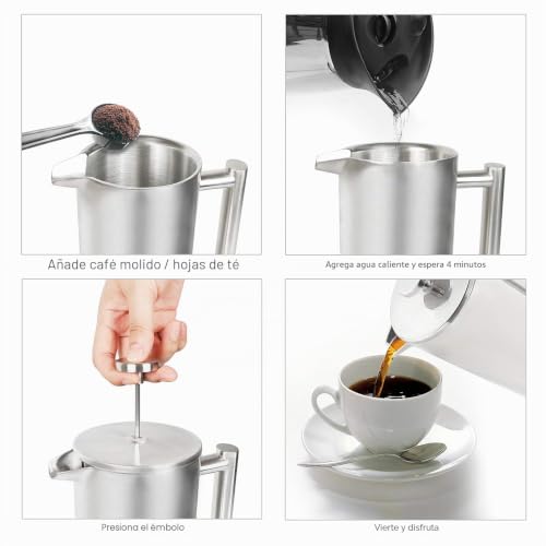 Miniatura 9 de Ozavo Cafetera De Émbolo Individual Prensa Francesa Cafetera Acero Inoxidable Con 5 Filtros Gratis Capacidad 1l- Color Plateado