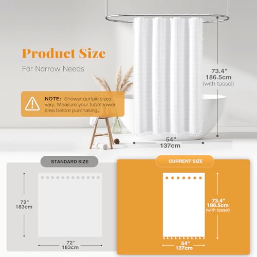 Image of BTTN 54x72 Boho Farmhouse Linen Thick Water Repellent Shower Curtain, White | Stall Size, Heavy Duty Fabric, 10 Plastic Hooks, Three-sided Tassels, Bohemian French Country, Machine Washable, Wrinkle Free