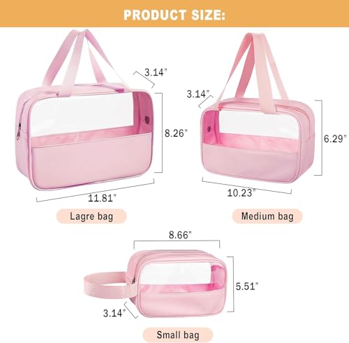 Image of KBS Toiletry Kit Cosmetic Makeup Storage Organizer Clear Styilish Wash Bag Pouch Set of 3 for Travel Luggage Transparent with Metal Zipper Gift for Men Women Girls (Pink)