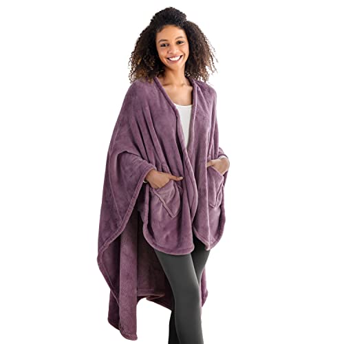 Berkshire Blanket Primalush Wearable Blanket Cozy Loungewear Pocketed Plush Cape Wrap for Adults & Teens(Purple One Size 58X64)