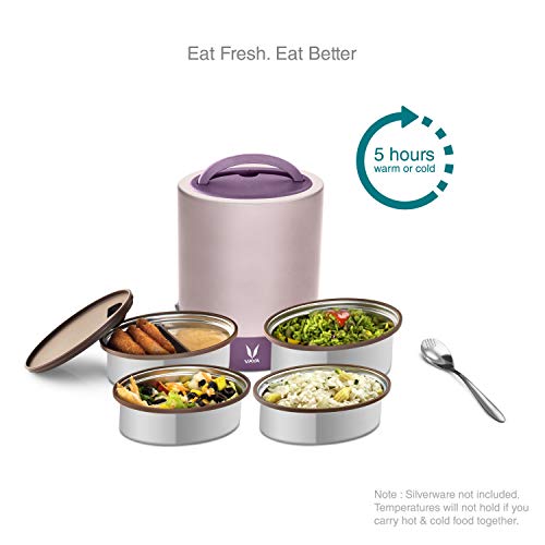 Image of VAYA Office Lunch Combo - TYFFYN Jumbo 1300ml Vacuum Insulated Lunch Box with 4 Stainless Steel Containers with Bagmat Lunch Bag with Sling, Leakproof, Hot Food Retention, Purple