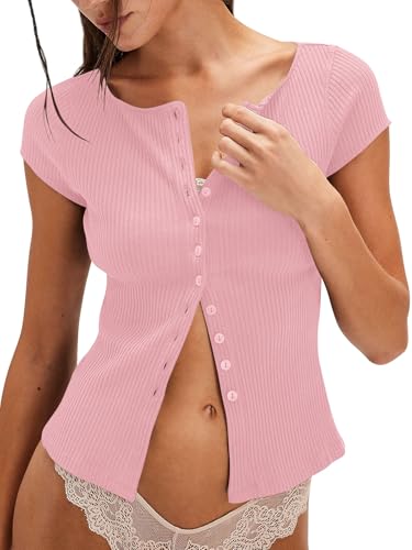 Image of Yousify Women's Short Sleeve Summer Tops 2025 Trendy Ribbed Knit Button Down Tight Basic Tees Shirts Going Out Y2K Clothes