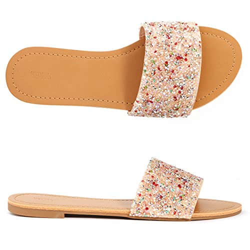 Image of REDTOP Women's Slip on Sandals Slide Glitter Bling Casual Sandal Flat Open Toe Sparkle Slides