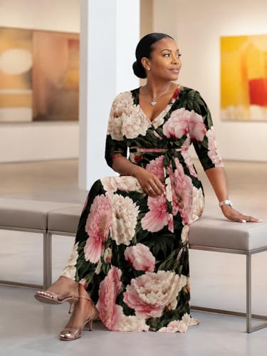 Image of SUZONANA Plus Size Dresses for Women Floral Print Maxi Dress Flowy 3 /4 Sleeve with Belt