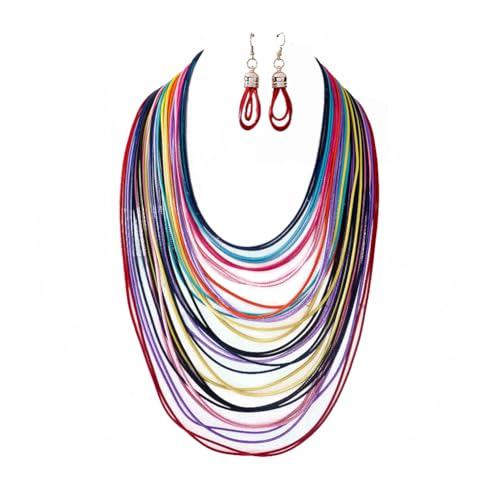 African Multicolor Layered Chunky Bib Necklace for Women Tassel Wax Line Choker with Earrings Statement Jewelry Set-colorful