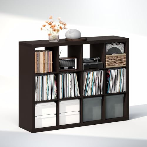 Image of Furinno Cubicle Record Player Stand, 12-Cube Record Storage, Dark Oak | Vinyl Storage, 1.68 inchInch Triple Thick, Open Back Media Shelf for CD DVD Bluray Game Disc, for Living Room, Home Office