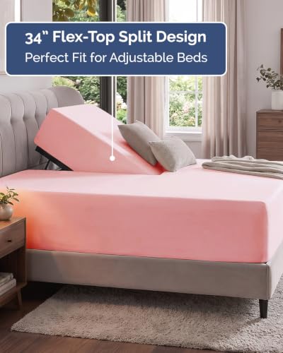 Image of Extra Deep Flex Top Split Head King Fitted Sheet - Hotel Luxury Single Fitted Sheet Only - Easily Fits 18 inch to 24 inch Mattress - Ultra Soft, Wrinkle Free w /Extra Deep Pockets - Baby Pink