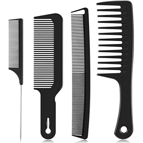 4 Pieces Rat Tail Comb Wide Tooth Detangling Comb Flat Top Clipper Comb Carbon Fiber Fine Cutting Comb Baber Comb Set Anti-Static Hair Styling Comb
