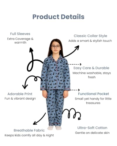 Image of Girls Premium Cotton Full Sleeves Printed Nightsuit Set | Collar Style Night Dress for Girls | Soft & Breathable Pajama Set | Trendy Kids Sleepwear & Nightwear