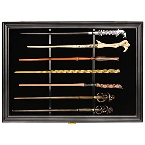 NRZSSN Wands Display Case - Magic Wand Stand & Holder | Universal Wall Mount Lockable Vertical/Horizontal Hanging Wooden Wand Display Stand for 7 Wands | MagiQuest Wand Holder Box Rack (Black)