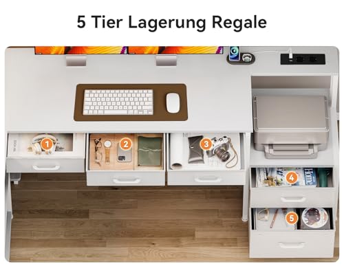 Coleshome Eckschreibtisch mit 5 Schubladen & 4 Regalen, 200×110cm Schreibtisch L-Form mit LED, Steckdosen & USB, großer Schreibtisch für Homeoffice, Weiß