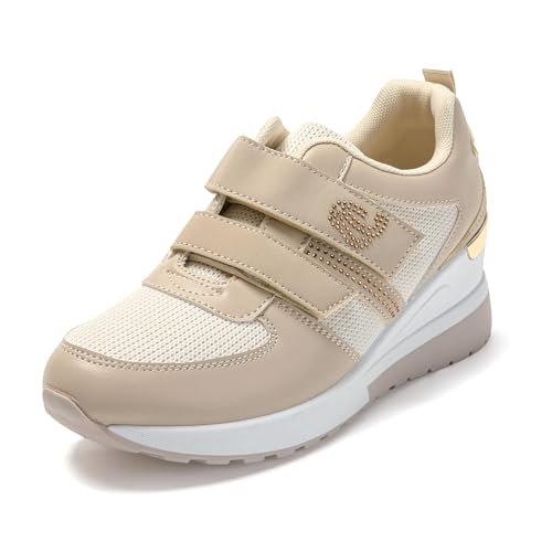 JOMIX Basket Scratch Femme Sneakers Wedge Chaussures Compensées Femme Chaussures de Sport Confortable (Beige, 41)