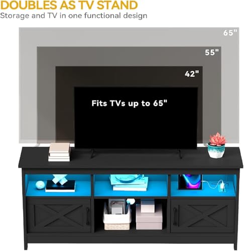 DWVO Black TV Stand for 65 Inch TV, Entertainment Centre, TV Cabinet with Power Outlet & LED Light Strip, Media Console Television Stands, Living Room Furniture 59 Inch