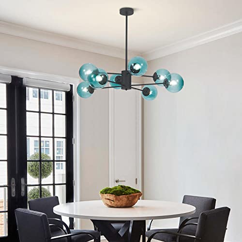 Kco Lighting Modern 8-Lights Blue Glass Sputnik Chandelier Mid-Century Matte Black Globe Flush Mount Chandelier Industrial Large Glass Ball Sputnik Chandelier Pendant Lamp (Black+Blue) #TOP6