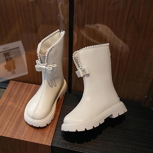 Girls Knee High Boots Fashion Pearl Bowknot Back Zipper Long Boots Fall Winter Fleece Warm Riding Shoes4