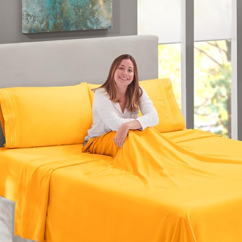 Image of BEVI - Home Premium Solid Plain Single Bedsheet with 1 Pillow Cover 300 TC Microfiber for Single Bed | Size (60 inch x 90 inch) Yellow
