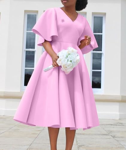 Image of SOMTHRON Women's Wrap V-Neck Ruffle Short Sleeve Midi Dress Elegant A Line Flowy Flared Cocktail Church Dress