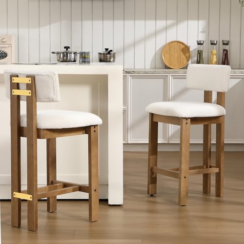 Image of BESTANO 26 inch Counter Stools Set of 4 Counter Height Bar Stools with Back and Solid Wood Legs Modern Farmhouse Sherpa Upholstered Kitchen Bar Stools Countertop Bar Chairs, White
