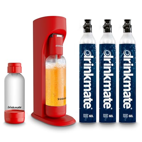 Drinkmate OmniFizz Sparkling Water Maker & Soda Streaming Machine | Carbonates Any Drink | ULTIMATE BUNDLE | Includes Three 60L CO2 Cartridges + Two BPA-Free Bottles (Royal Red)